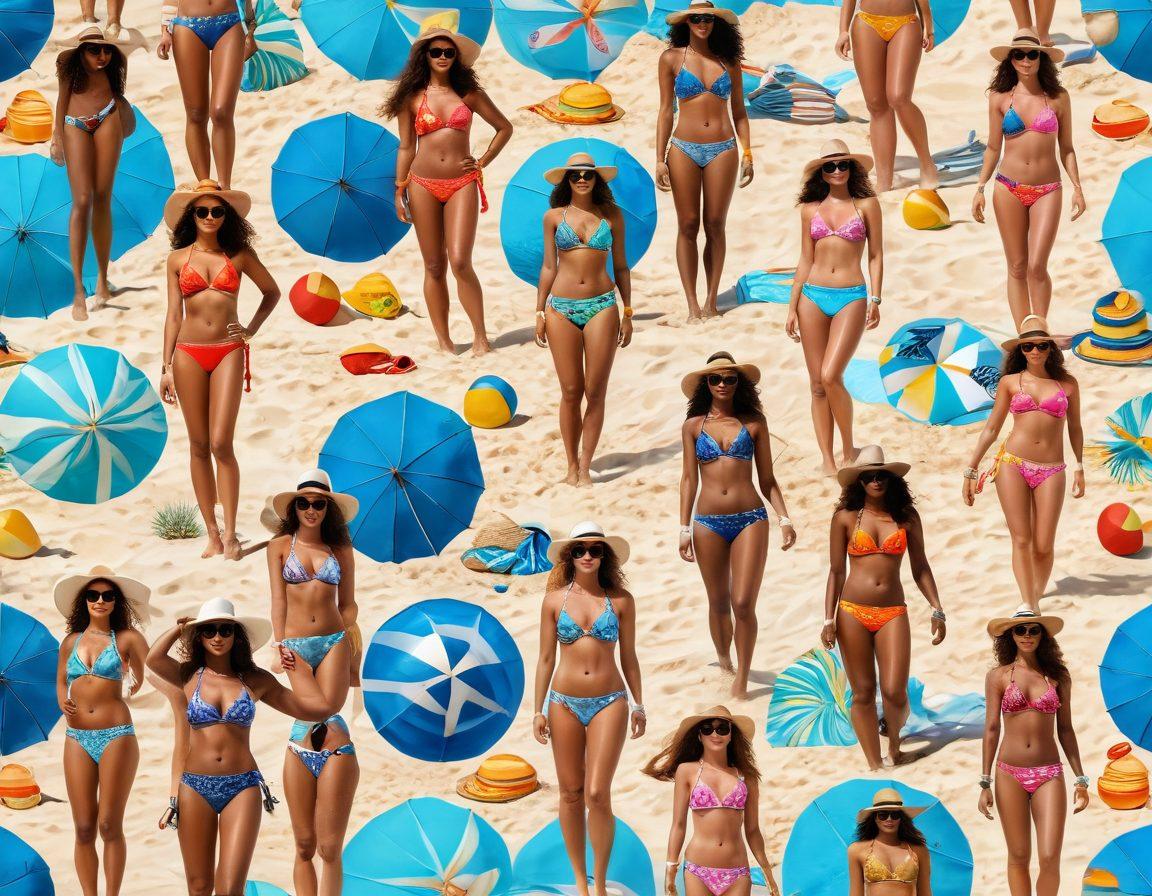 A vibrant beach scene showcasing 10 different bikini styles elegantly displayed on a sandy shore, with each bikini featuring unique patterns and colors, complemented by beach accessories like hats and sunglasses. Sun-kissed models of diverse body types are enjoying summer activities like building sandcastles and playing beach volleyball, with a stunning ocean backdrop and bright blue sky. The atmosphere is lively and inviting, capturing the essence of a perfect summer day. vibrant colors. super-realistic.