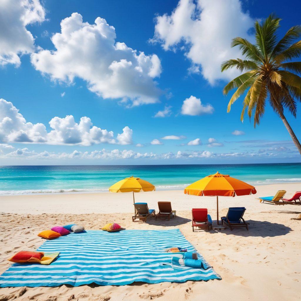 A vibrant beach scene featuring a diverse group of friends enjoying the sun, wearing stylish summer beachwear. Include colorful beach umbrellas, tropical drinks, and beach towels scattered on the white sand. The background should showcase a sparkling blue ocean and a clear sky with fluffy clouds to enhance the summer vibe. The atmosphere should feel fun and relaxed, inviting viewers to imagine themselves at the beach. super-realistic. vibrant colors. sunny atmosphere.